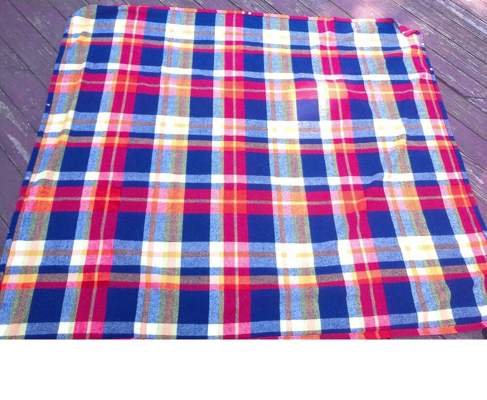 Vintage Plaid Stadium Blanket Red, Blue, & Yellow Tartan Flannel Throw